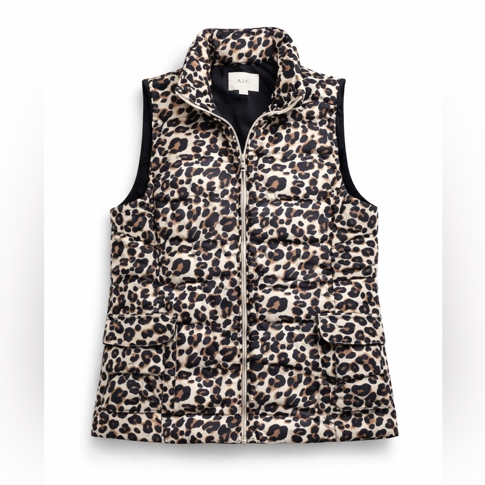 LOFT Puffer Vest Quilted Animal Print Black Brown Full Zip+ 2 Zip Pockets XS